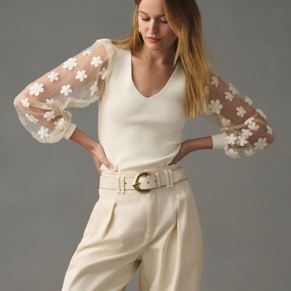 Anthropologie DOLAN Sheer Sleeve Appliqué Sweater Floral Fairy Whimsy Ivory - Picture 1 of 12